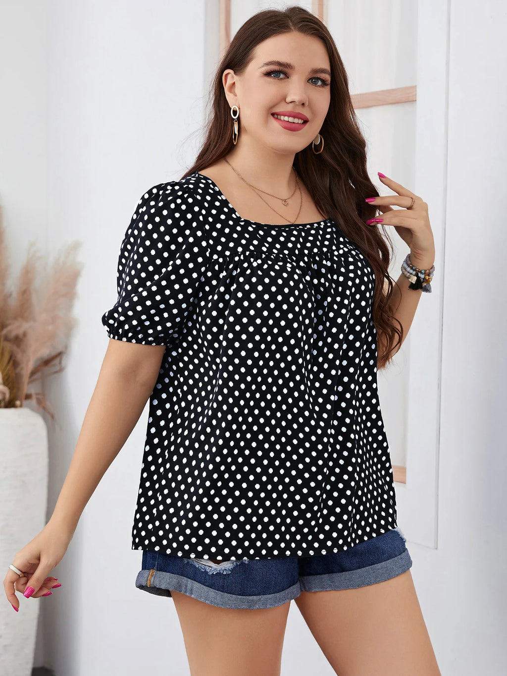 FairyShely Plus Size Square Collar Summer Top – Elegant Short Sleeve Casual T-Shirt for Women