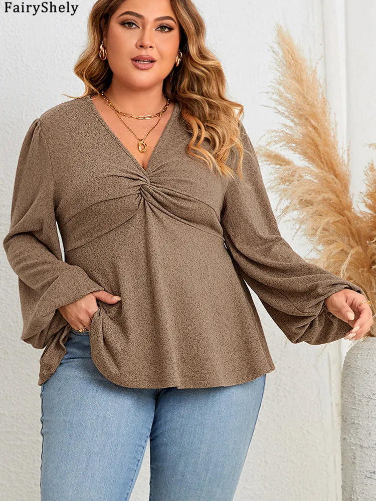 FairyShely Plus Size V-Neck Long Sleeve Top – Brown Casual Pullover for Spring & Autumn