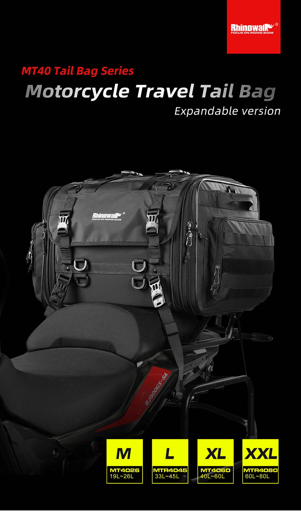 Rhinowalk Motorcycle Travel Luggage Bag Waterproof 19L-80L Expandable Big Capacity Motor Tail/Trunk/Rack Bag For Most motorcycle