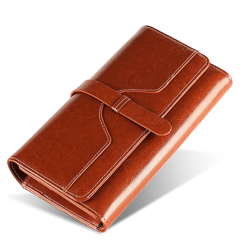 Genuine Leather Wallet for Women Long Clutch Bag Oil Wax Leather Retro Women's Multifunctional RFID Anti-theft Brush Wallets
