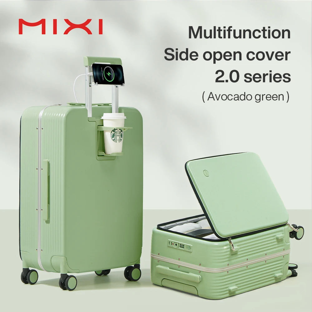 Mixi M9286 Aluminum-Frame PC Carry-On | USB Port, Cup & Phone Holder, TSA Lock, 360° Spinner Wheels (20″/24″)