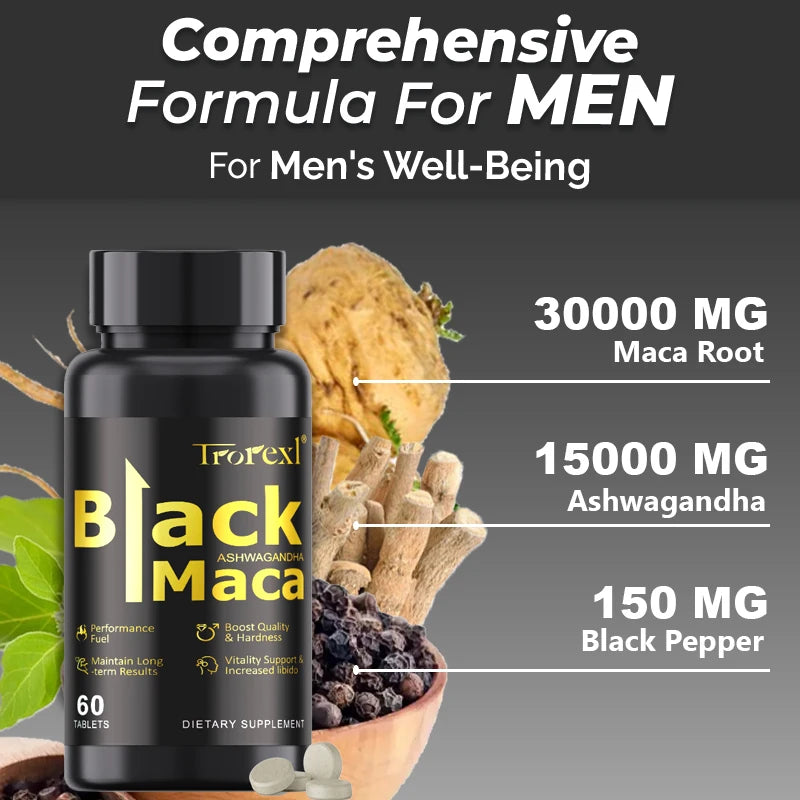 HABUMAMA Natural Black Maca Tablets with Ashwagandha & Black Pepper – Male Energy & Stamina Booster | Supports Vitality, Endurance & Performance (60 Tablets)
