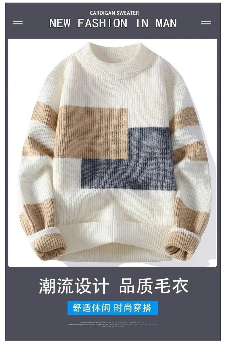 Autumn Winter New Men Sweater Mock Neck Patchwork Contrast Color Trend Youth Fashion Thicken Long Sleeve Pullovers Knitted Tops