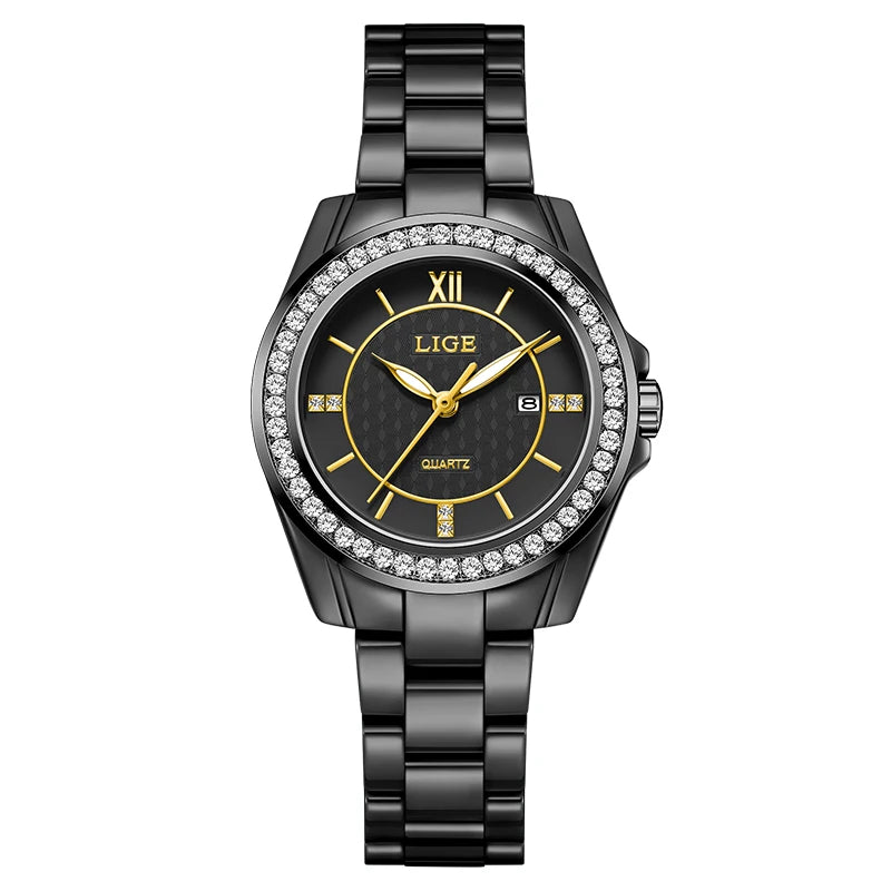 New LIGE Fashion Quartz Watch for Women Ceramics Strap Waterproof Date Women's Watches Elegant Luxury Diamond Ladies Wristwatch