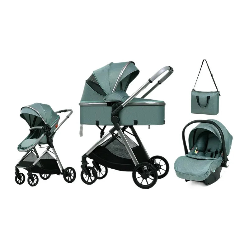 3 in 1 multifunctional baby stroller equipped with car seats for sitting and lying down, lightweight and comes with a mommy bag