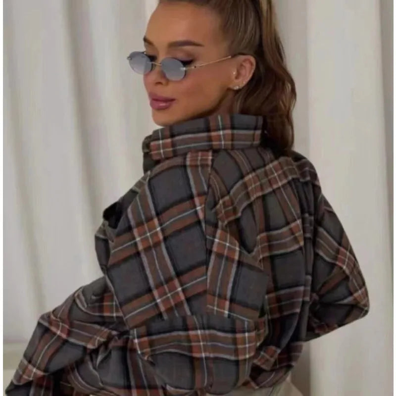 Fashion Baggy Plaid Women'S Blouse Elegant Lapel Long Sleeve Shirts And Blouses Vintage Pocket Lace-Up Top Female 2025