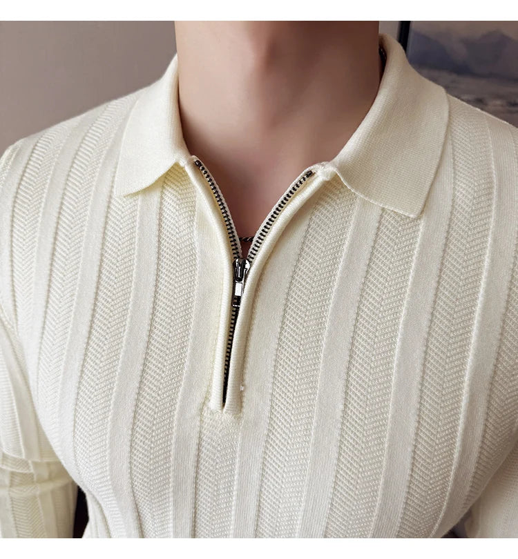 Men's Zip-Front Knit Sweater - White Polo Collar (Black/Burgundy/Cream) M-4XL Soft Touch Autumn Winter Casual Style