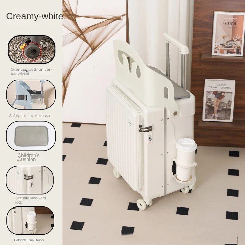 2025 New suitcase for children can Sit 20/22 inch Ride on Luggage Front Opening Sturdy Thickened Travel suitcase with Cup Holder