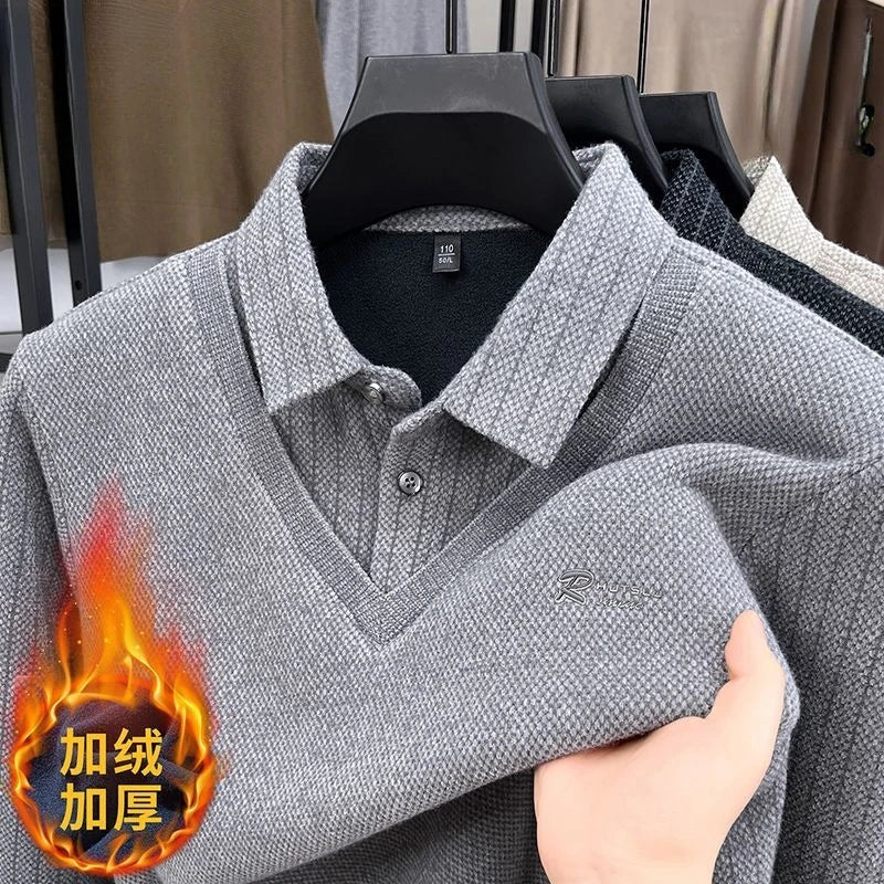 Men's Plush Sweater Autumn Winter Fashion Button Lapel Striped Pullovers Business Casual Fleece Lined Knitted Thickened Sweaters