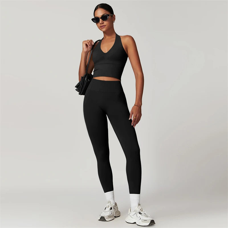 Women’s Seamless Yoga Set – Short Sleeve Crop Top & High-Waist Leggings