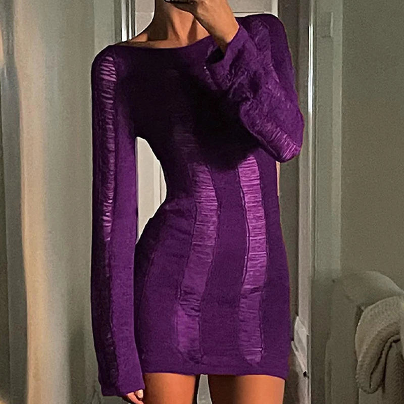 Crochet Long Sleeve Bodycon Dress Women Sexy Hollow Out Backless Knitted Mini Dress 90s Vintage Coquette Female Cocktail Vestido