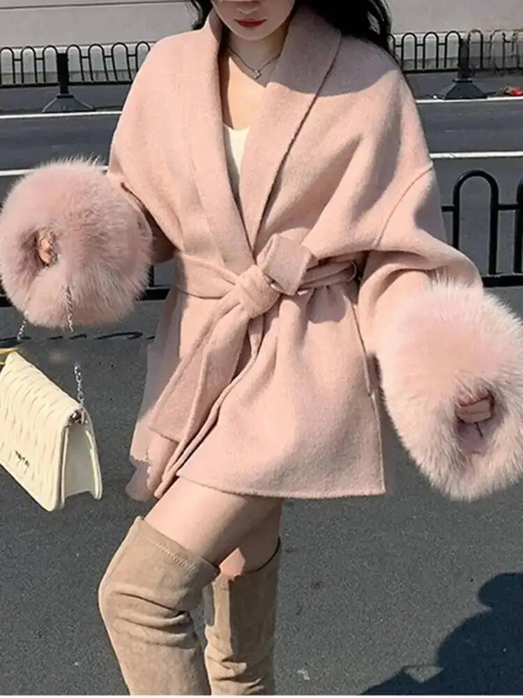 UCXQ Elegant OL Office Lady Overcoats Fur Patchwork Long Sleeve Woolen Coat Beautiful Women's Clothing Jacket Autumn 2025 Winter