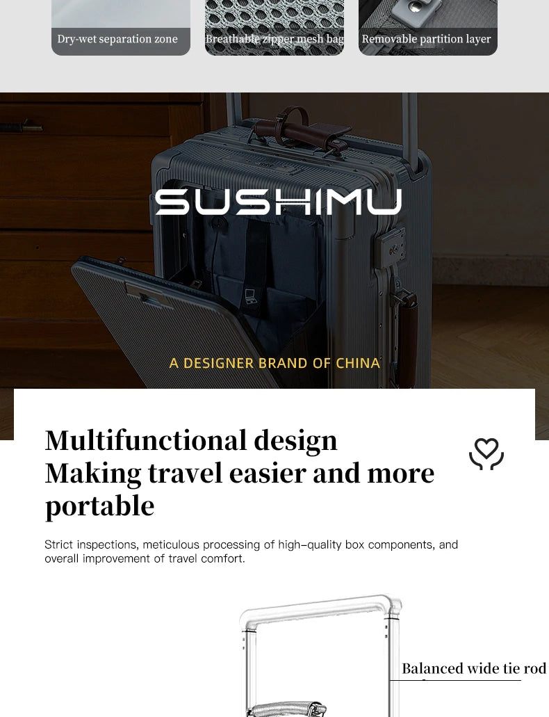 SUSHIMU Wide Trolley Luggage Front Opening Multi-Functional Women 20-Inch Small Lightweight Boarding Box 24-Inch Men's Suitcase