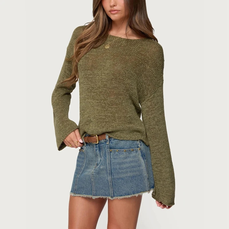 Women’s Y2K Sheer Knit Sweater – Oversized Striped Pullover