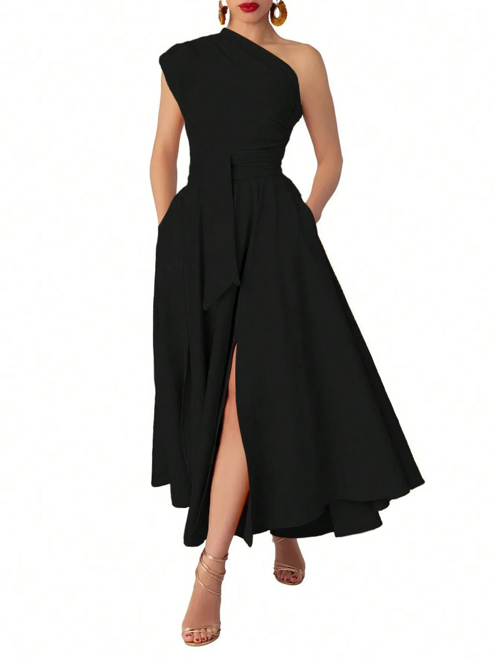 Women's Black Asymmetrical One-Shoulder Maxi Dress with Side Slit and Waist Tie