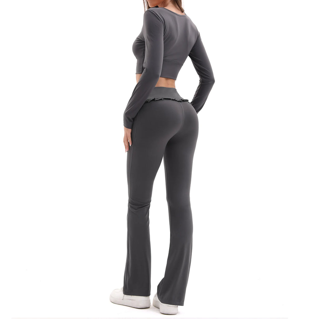 FrillFlow™ 2-Piece Yoga Set — Tummy-Control Flare Pants & Long-Sleeve Top