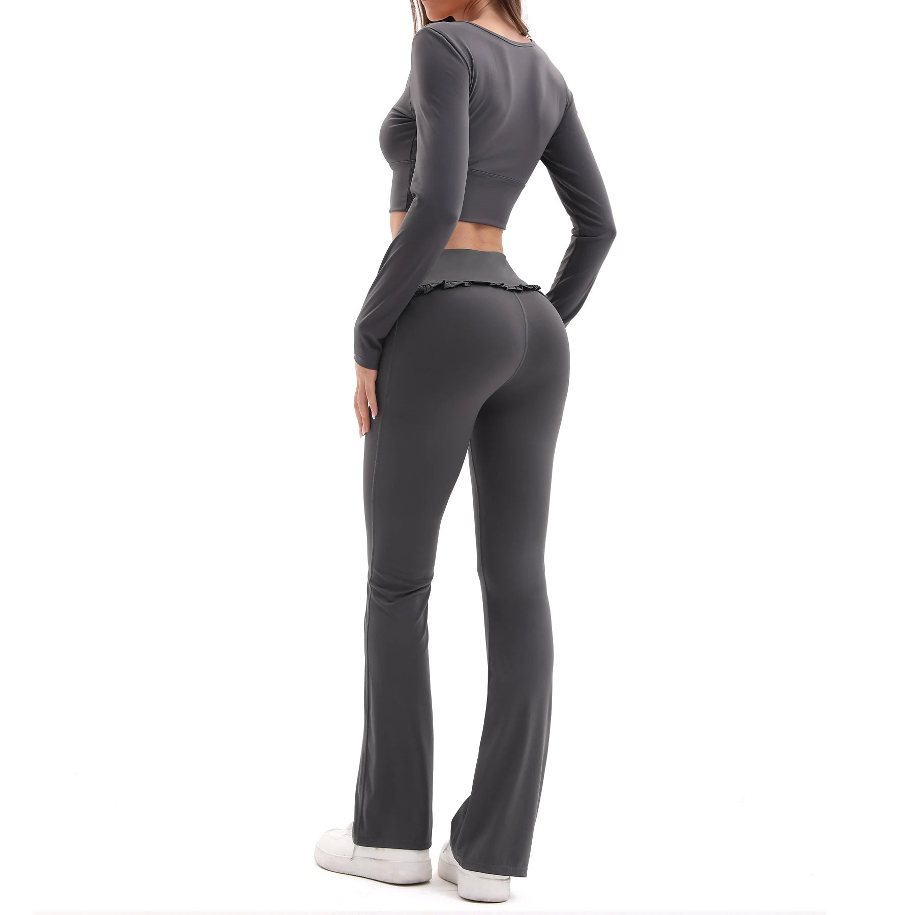 FrillFlow™ 2-Piece Yoga Set — Tummy-Control Flare Pants & Long-Sleeve Top