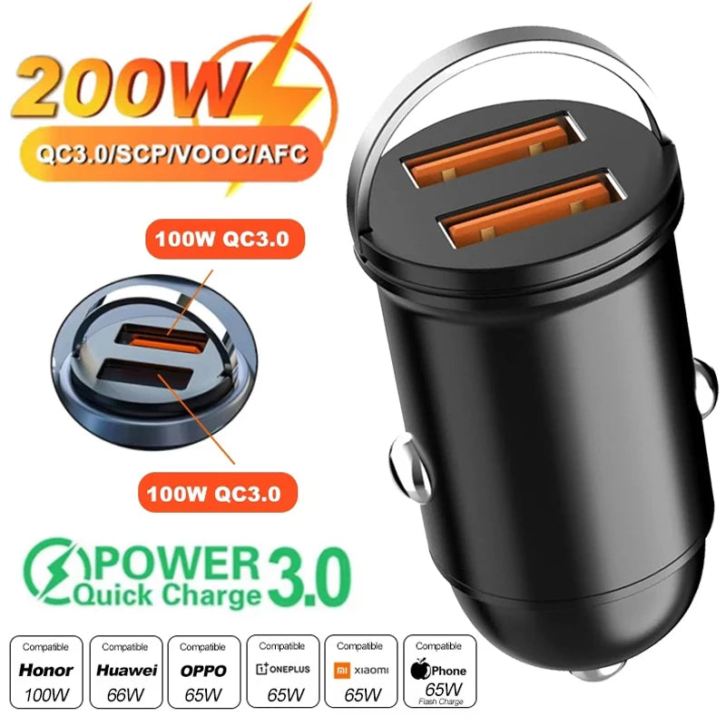 100W/200W QC3.0 PD Mini Car Charger 12-24V Lighter Fast Charging Car USB Type C Charger for Xiaomi Samsung Huawei iPhone Power