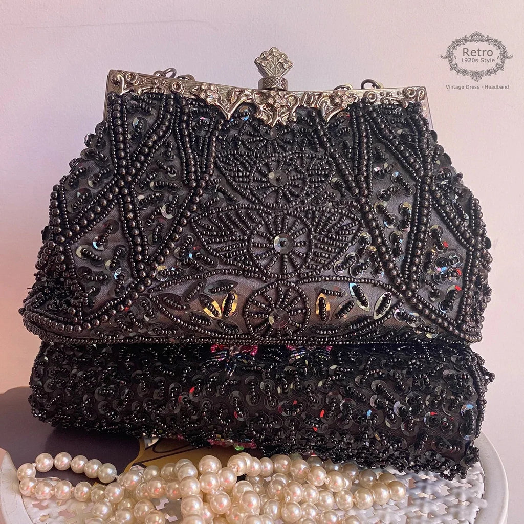 Lost in Vintage Clutch Handbag Beaded and Sequin Kiss-lock Closurer Shoulder Bag Crossbody Detachable ChainProm Evening Party