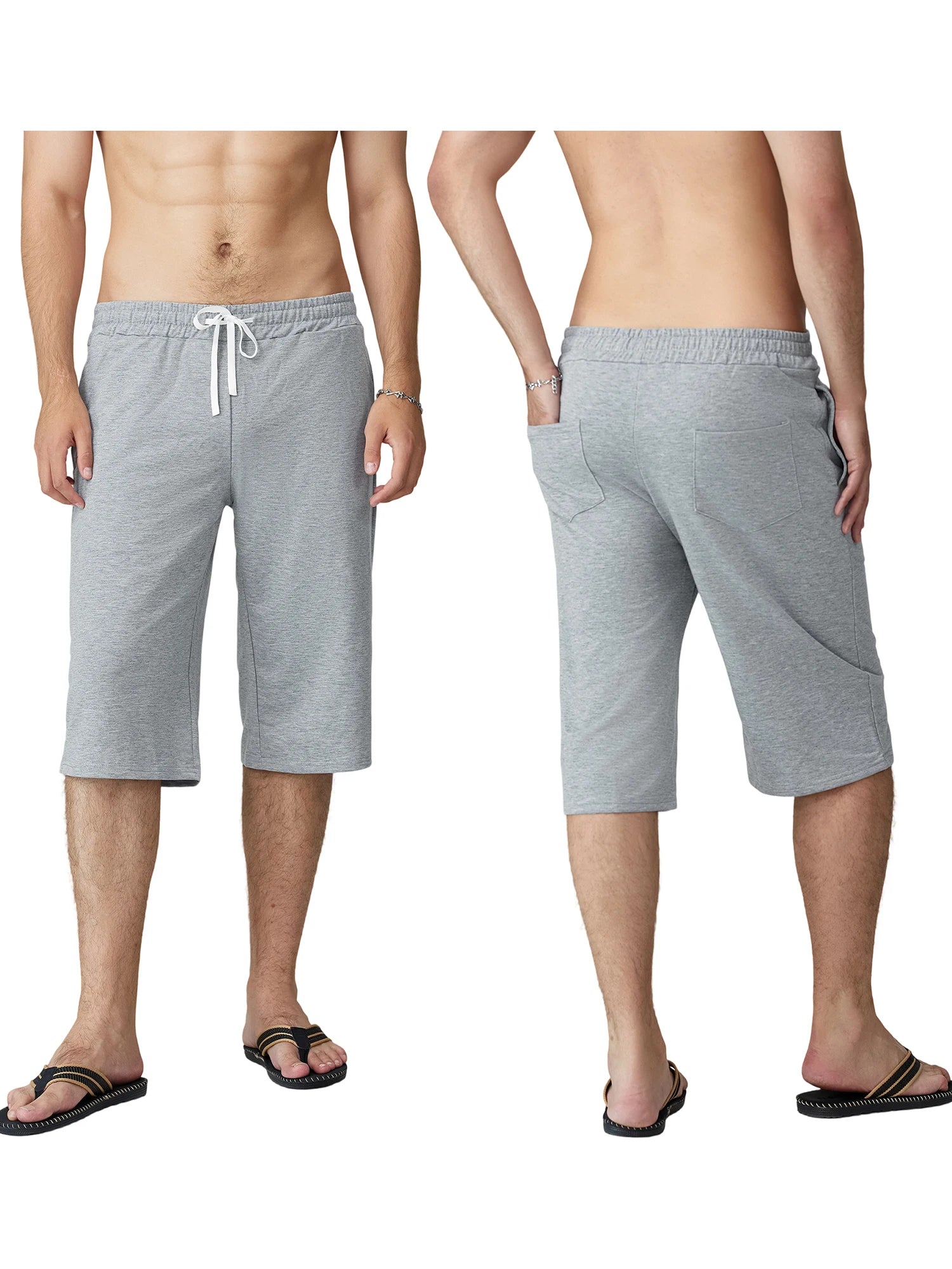 Men s Knee-Length Shorts with Elastic Waistband and Drawstring Loose Fit Solid Color Hip Hop Style Long Shorts with Pockets