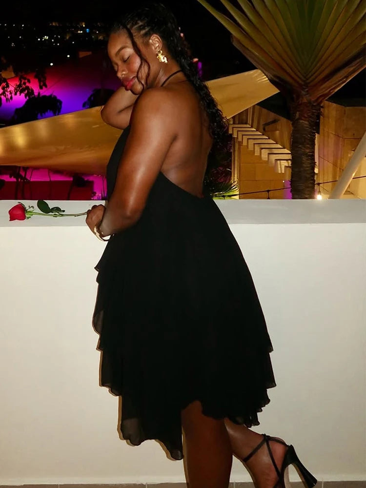 Nibber Asymmetrical Hem Dress Women Halter Bandage Sleeveless Backless Solid Beach Party Sexy 2026 Summer New Trend Mini Bodycon