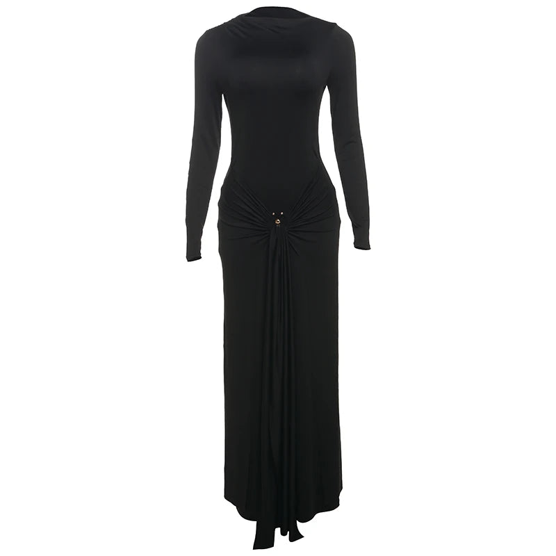 Weird Puss Ruched Elegant Maxi Dress Women Daily Casual Fashion Skinny Full Sleeve Solid Gown Midnight Prom Party Long Bodycon