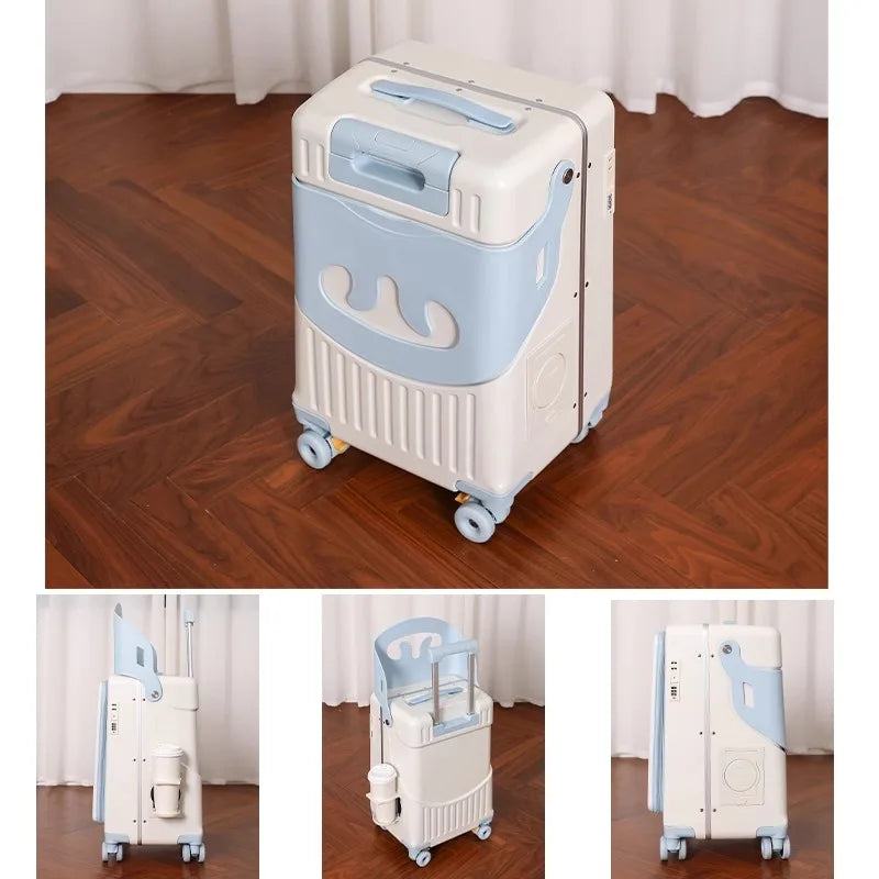2025 New suitcase for children can Sit 20/22 inch Ride on Luggage Front Opening Sturdy Thickened Travel suitcase with Cup Holder