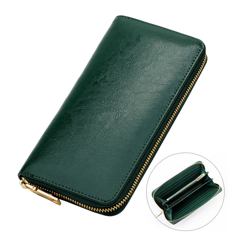 New Oil Waxed Cowhide Women's Zipper Wallet Long Genuine Leather Large Capacity Handbag Japan Style