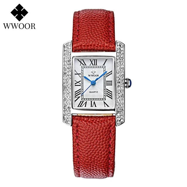 WWOOR Elegant Women's Watches Square Diamond Ladies Watch Waterproof Luxury Brand Leather Quartz Bracelet Watches Zegarek Damski
