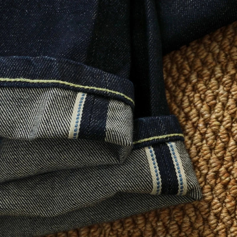 Original color raw fabric selvedge denim jeans men's straight micro tapered khaki retro trousers