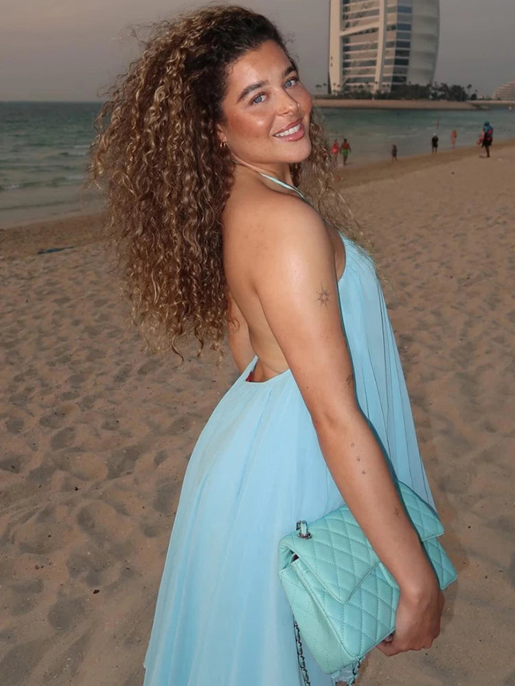 Nibber Asymmetrical Hem Dress Women Halter Bandage Sleeveless Backless Solid Beach Party Sexy 2026 Summer New Trend Mini Bodycon