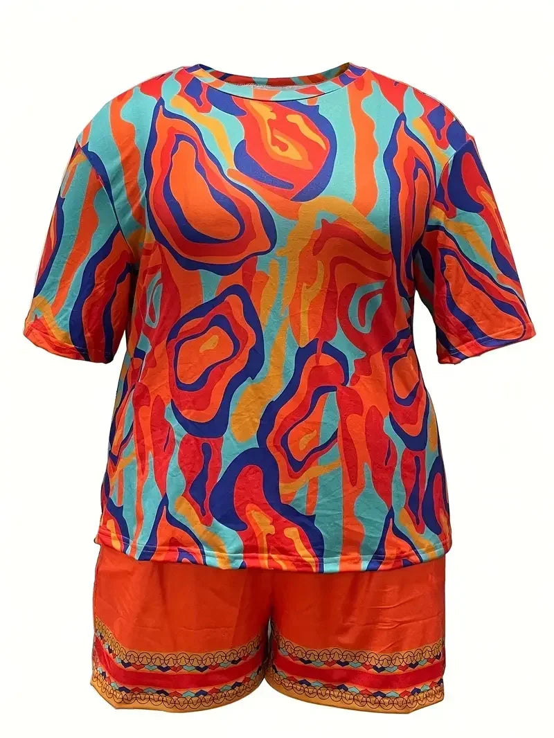 Plus Size 1XL-5XL Women Casual Colorful Abstract Print Pajama Set  Short Sleeve Round Neck T-Shirt & Shorts Summer Loungewear