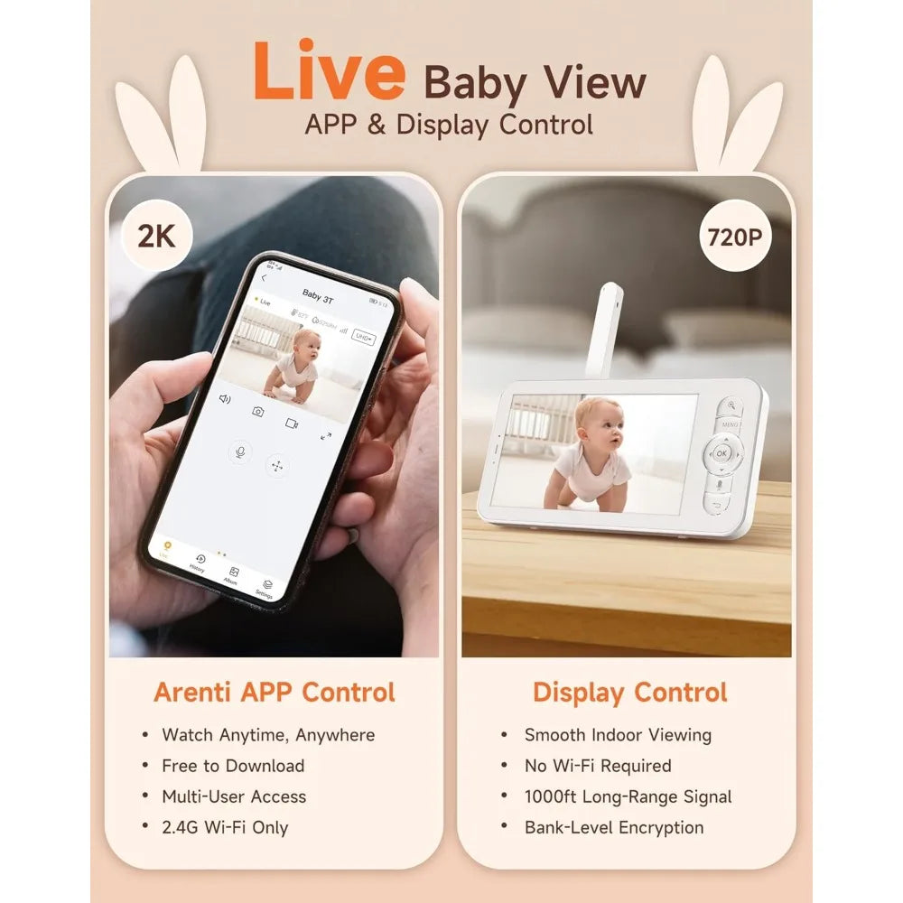 Baby Monitor with 2 Cameras, 2K Smart Baby Camera with 5'' Upgraded Wireless Display, Super Night Vision, Breathing Light, Lull