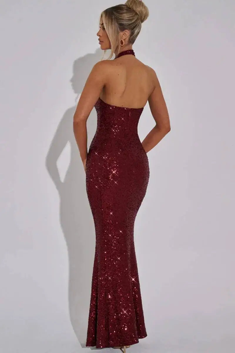 Giyu Sexy Glitter Sparkle Sequined Club Evening Party Dresses Women 2025 Summer Autumn Halter Backless Bodycon Maxi Long Dress