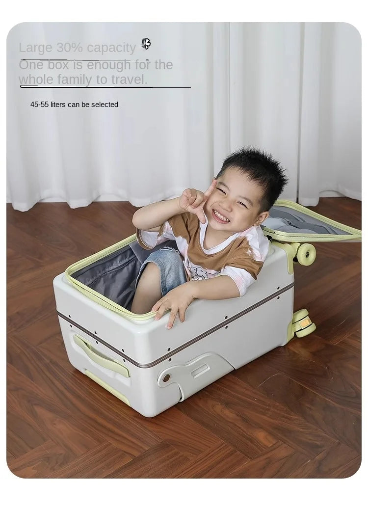 2025 New suitcase for children can Sit 20/22 inch Ride on Luggage Front Opening Sturdy Thickened Travel suitcase with Cup Holder