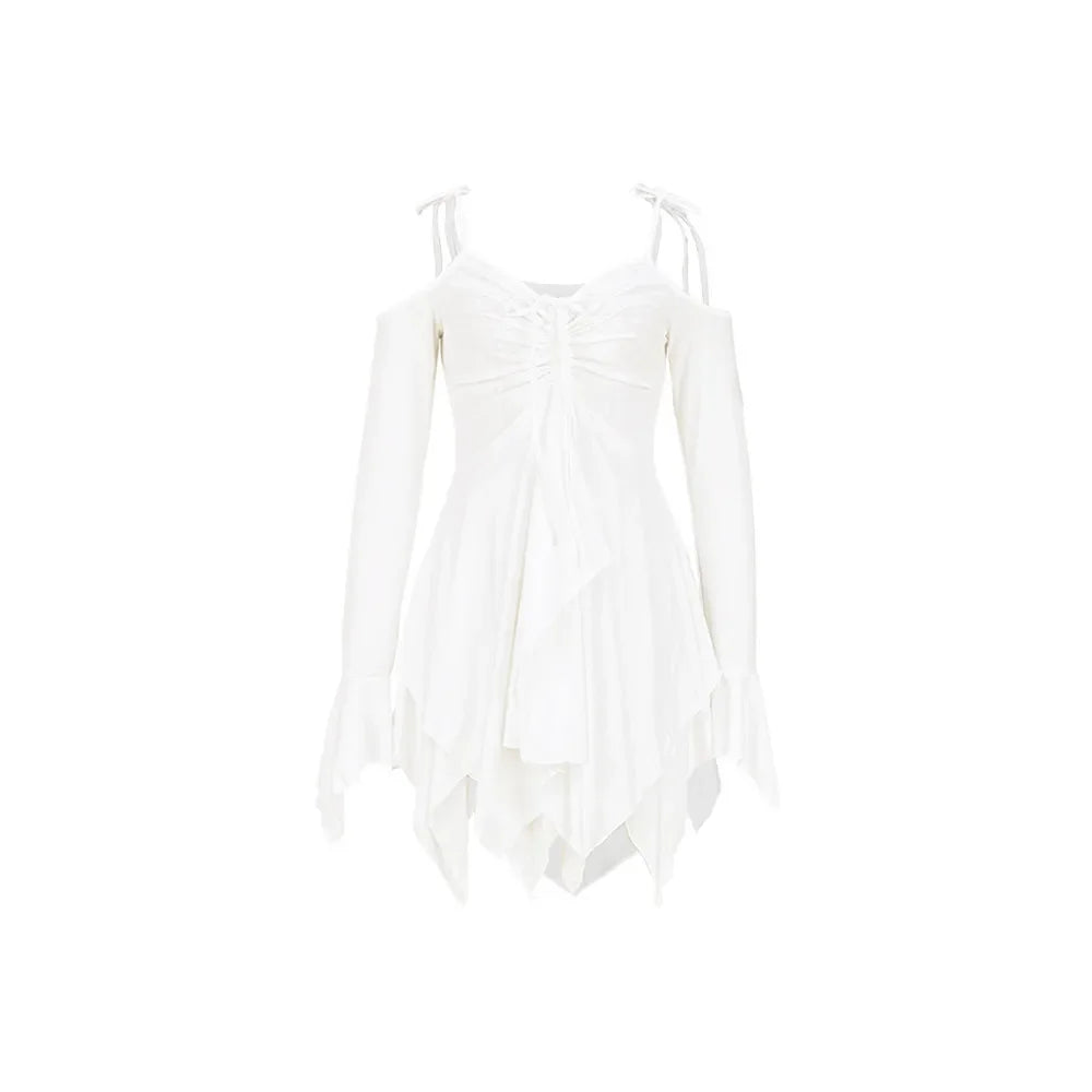 2025 Gothic Women Clothing Drawstring Pleated Short Dresses Solid Color Y2K Irregular Lace-Up Off The Shoulder Long Sleeve Dress