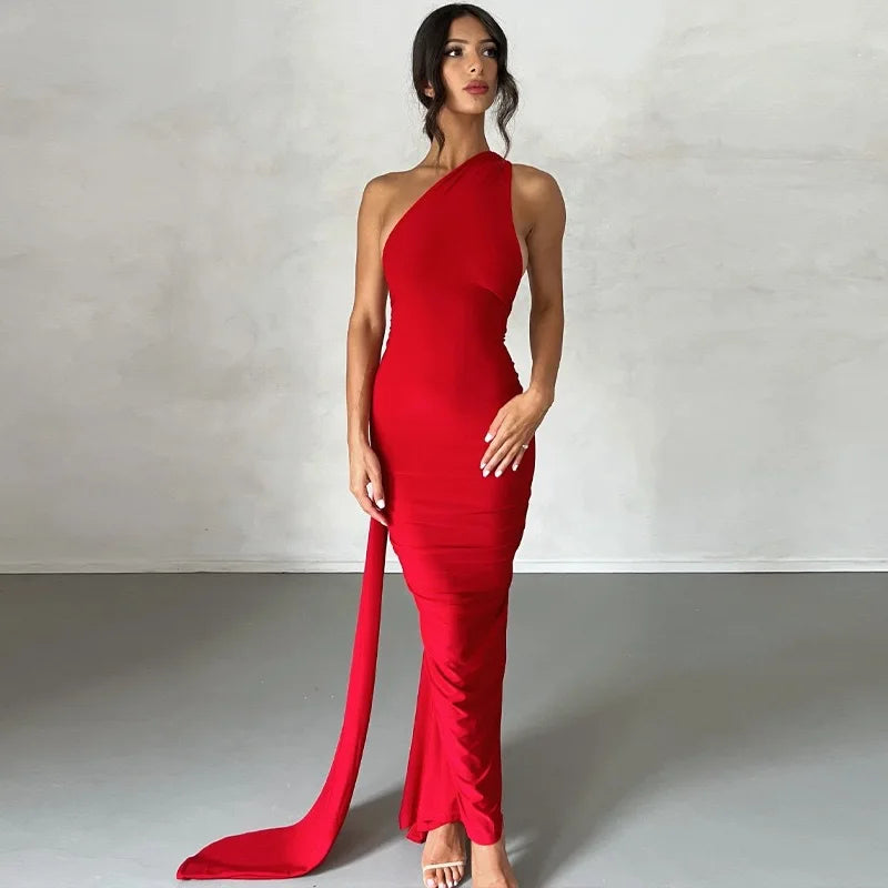 Women's One-Shoulder Sleeveless Maxi Dress Adjustable Scarf Loop Ruched Backless Bodycon Festival Party Outfit Elegant Long Gown