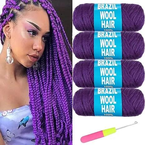 4 Pcs Brazilian Wool Synthetic Hair for Braids Acrylic Hand Knitting Yarn for Braiding Hair  Crochet Hair Extension