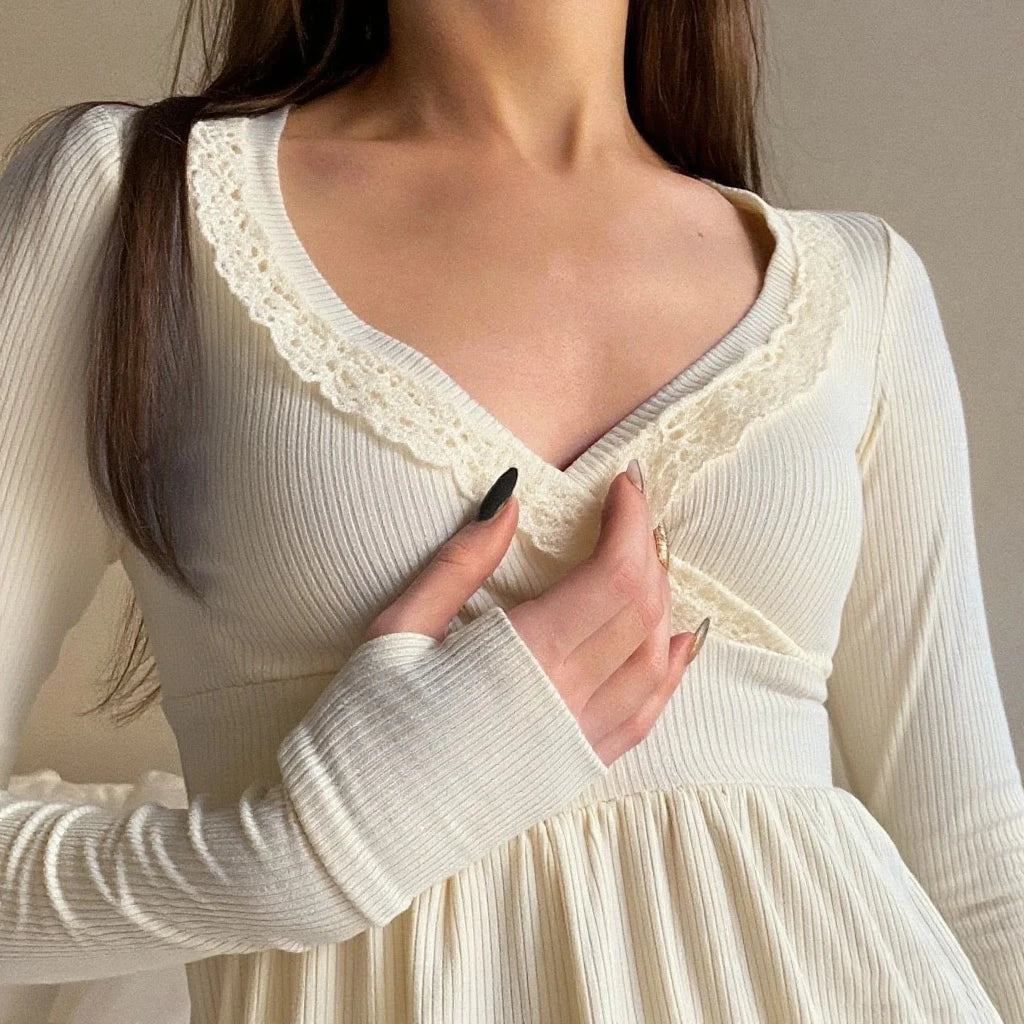 New Long Sleeve Lace Trimmed Wrap Blouse Womens Clothing Club Street Style Hot Sale S M L