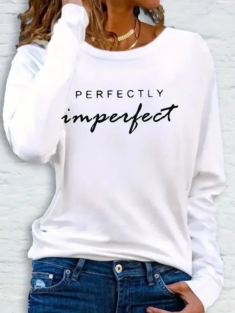 Women’s “Perfectly Imperfect” Graphic Long Sleeve T-Shirt – Casual Round Neck Tee