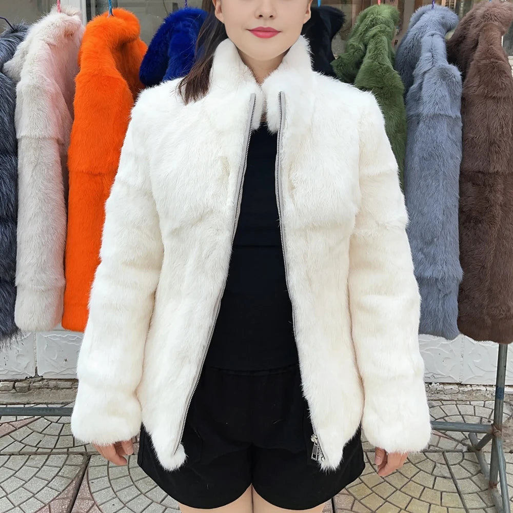 Natural Rabbit Fur Coat Women Winter Jacket Real Leather And Fur Bolero Women's Clothing Female Outerwears With 2025 Black Cold