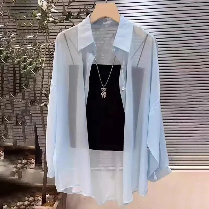 Plus Size Women’s Shirts 2025 Summer Breathable and Sun-Proof Ice Silk with Button Thin Loose Sheer Chiffon Blouses Long Sleeve