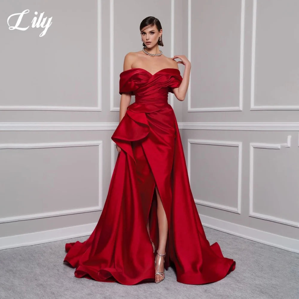 Lily Red Elegant Prom Gown V-Neck Off the Shoulder Party Dress for Woman Satin Pleating Side Split Evening Dresses Customized