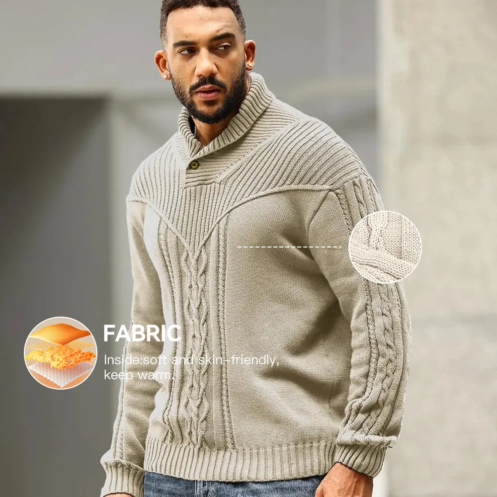 Men's Sweater Winter Shawl Collar Pullover Sweater Casual Cable Knit Button Sweaters Woolen Solid Color  Fleece Tops US Size