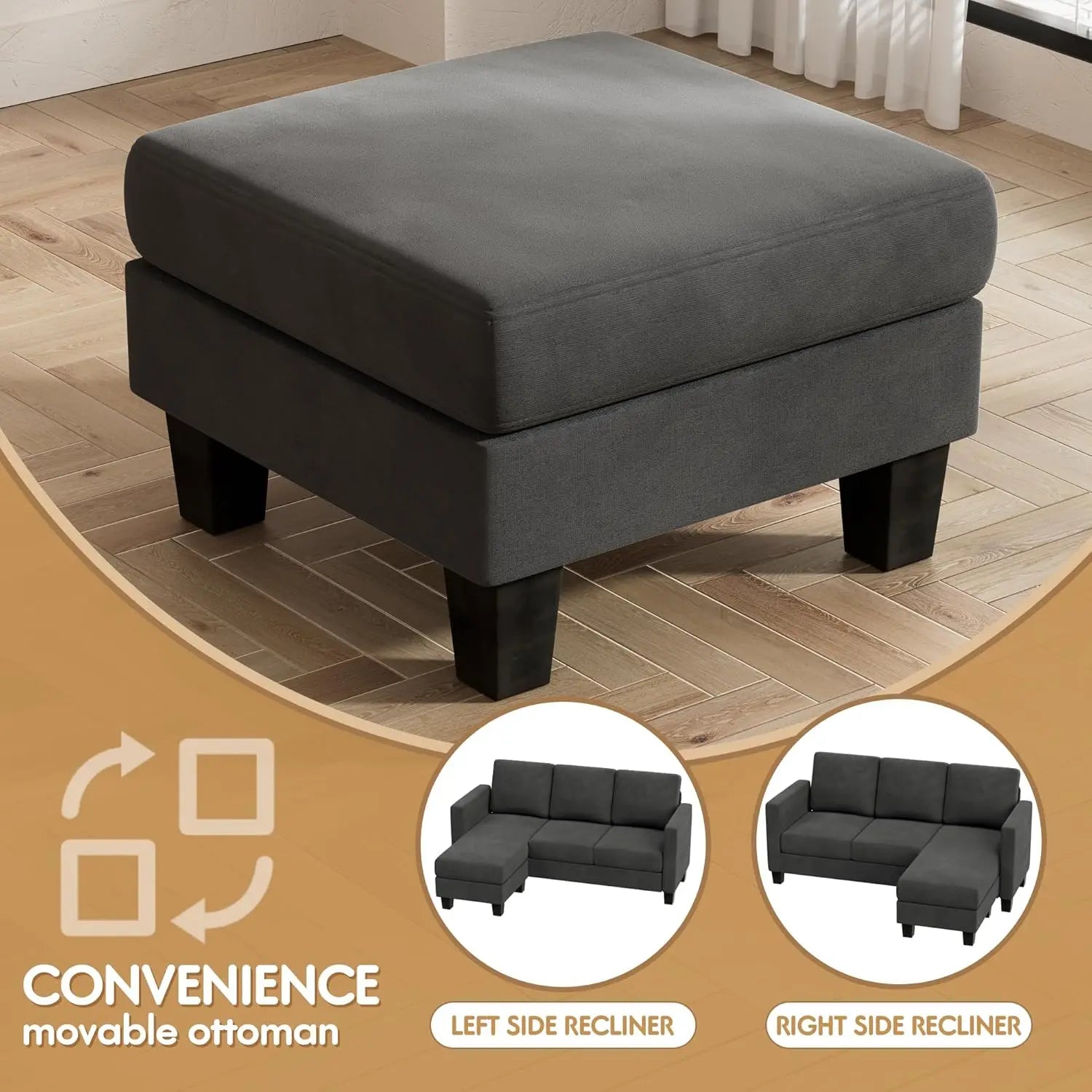 Sofa Couch, 3 Seat L-Shaped Sofa with Linen Fabric Ottoman Small Couch for Small Apartments, Living Room and Office (Dark Gray)
