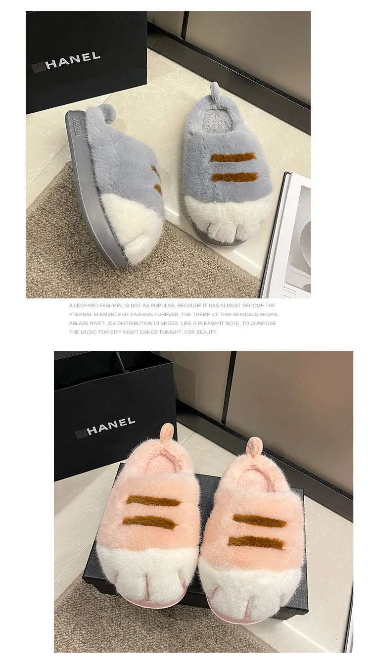 New Adorable Kitty Claw Slippers Women's Home Shoes Non Slip Furry Mules Female Fashion Warm Fluffy Slides Outdoor Cat Slippers
