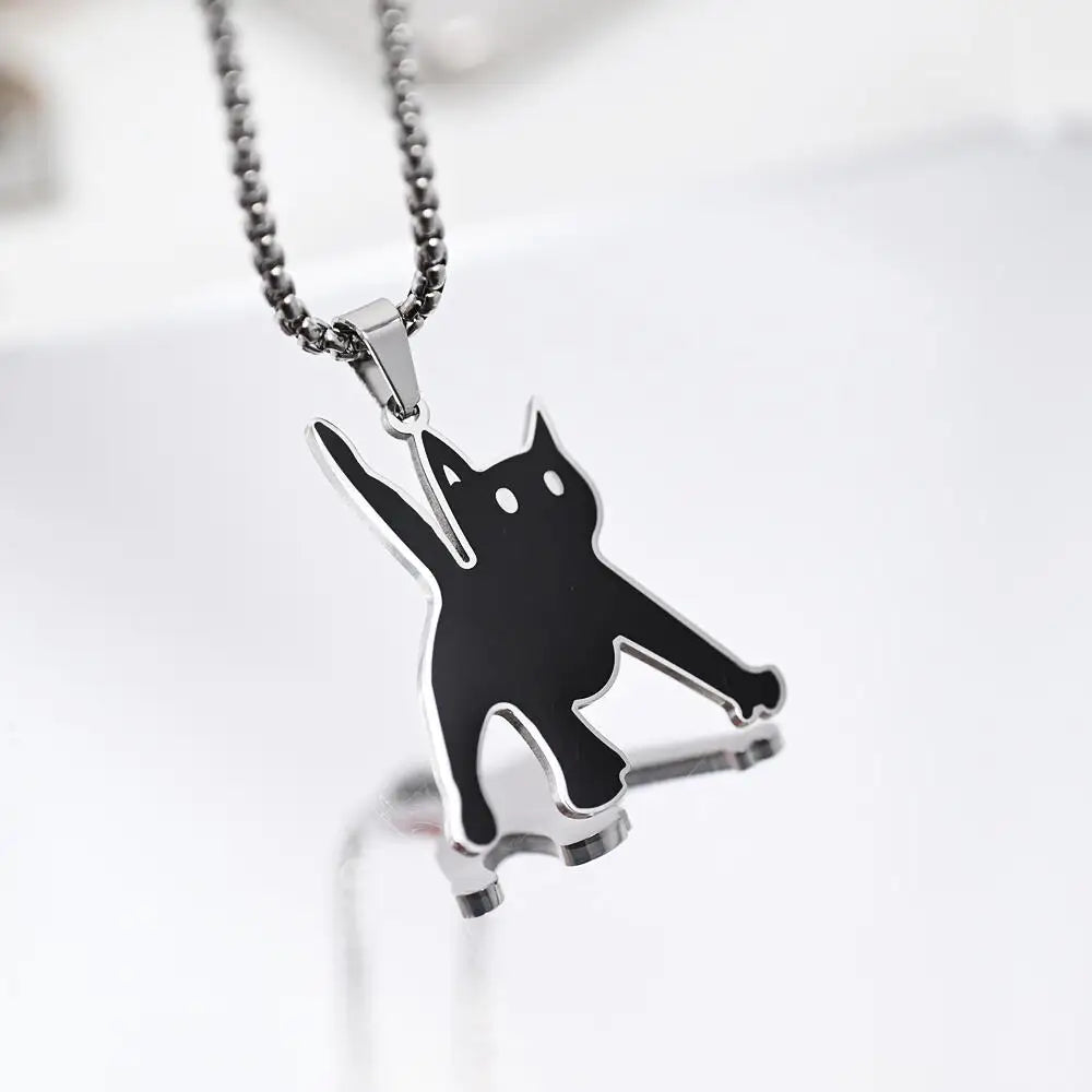 Scared Black Cat Pendant Necklace | Titanium Steel K-Pop Fashion Chain for Men & Women