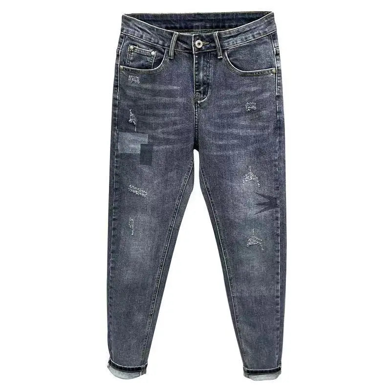 New Arrival Fashion Men's Jeans Splicing Cat Whiskers Ripped Scratched Luxury Clothing Slim Fit Tapered Legs Designer Slim Jeans