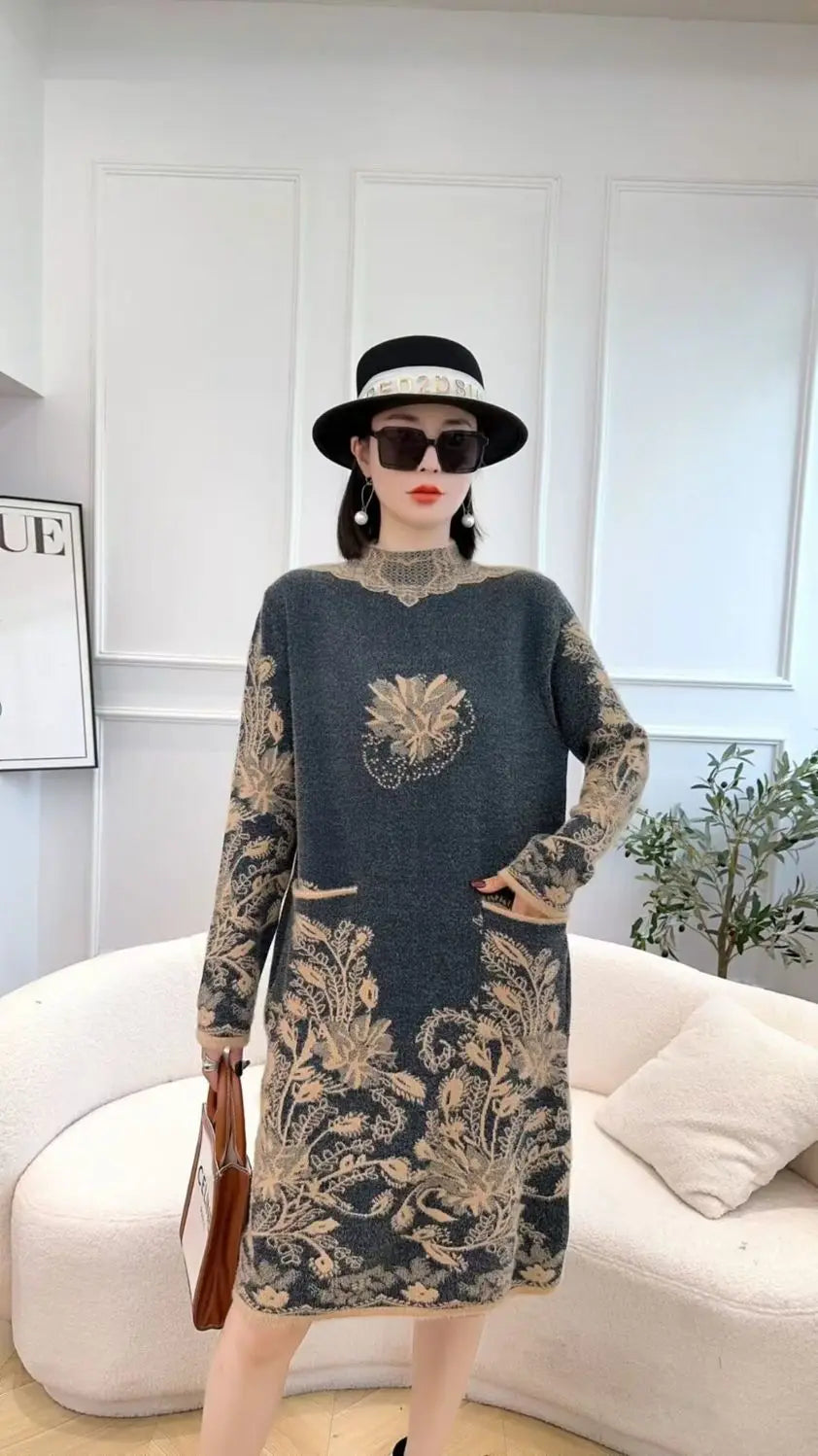 Autumn Winter Women Vintage Ethnic Style Flower Pockets Knitted Dresses Ladies Half High Collar Long Sleeve Loose Sweater Dress