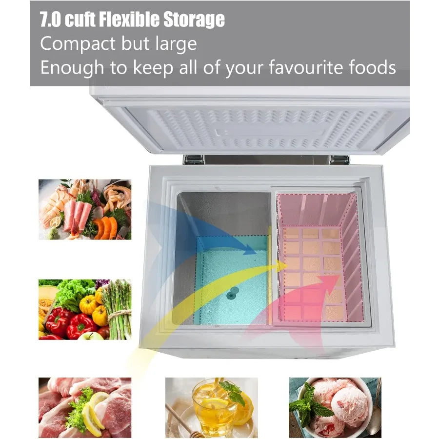 7.0 Cu.Ft Chest Freezer with 7-Gear Temperature Control Ranging from -4F to 6.8F Deep Compact Design Featuring Two Removable Ba